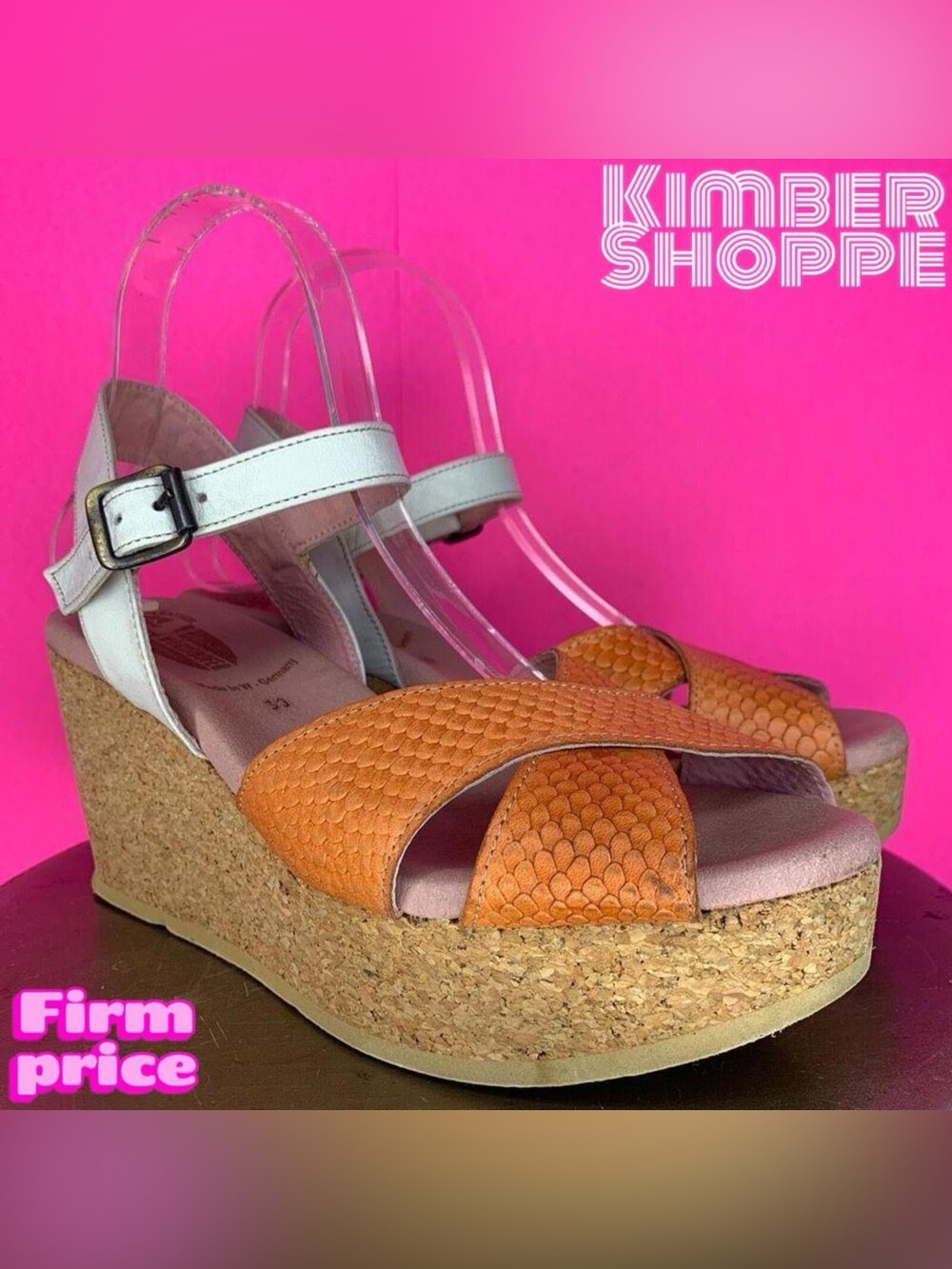 Worishofer Orange White Leather Crisscross Cork Wedge Platform Sandals US 8